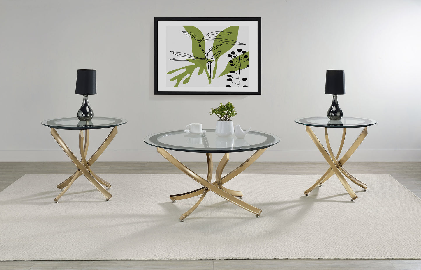 Brooke 3-piece Round Glass Top Coffee Table Set Brass