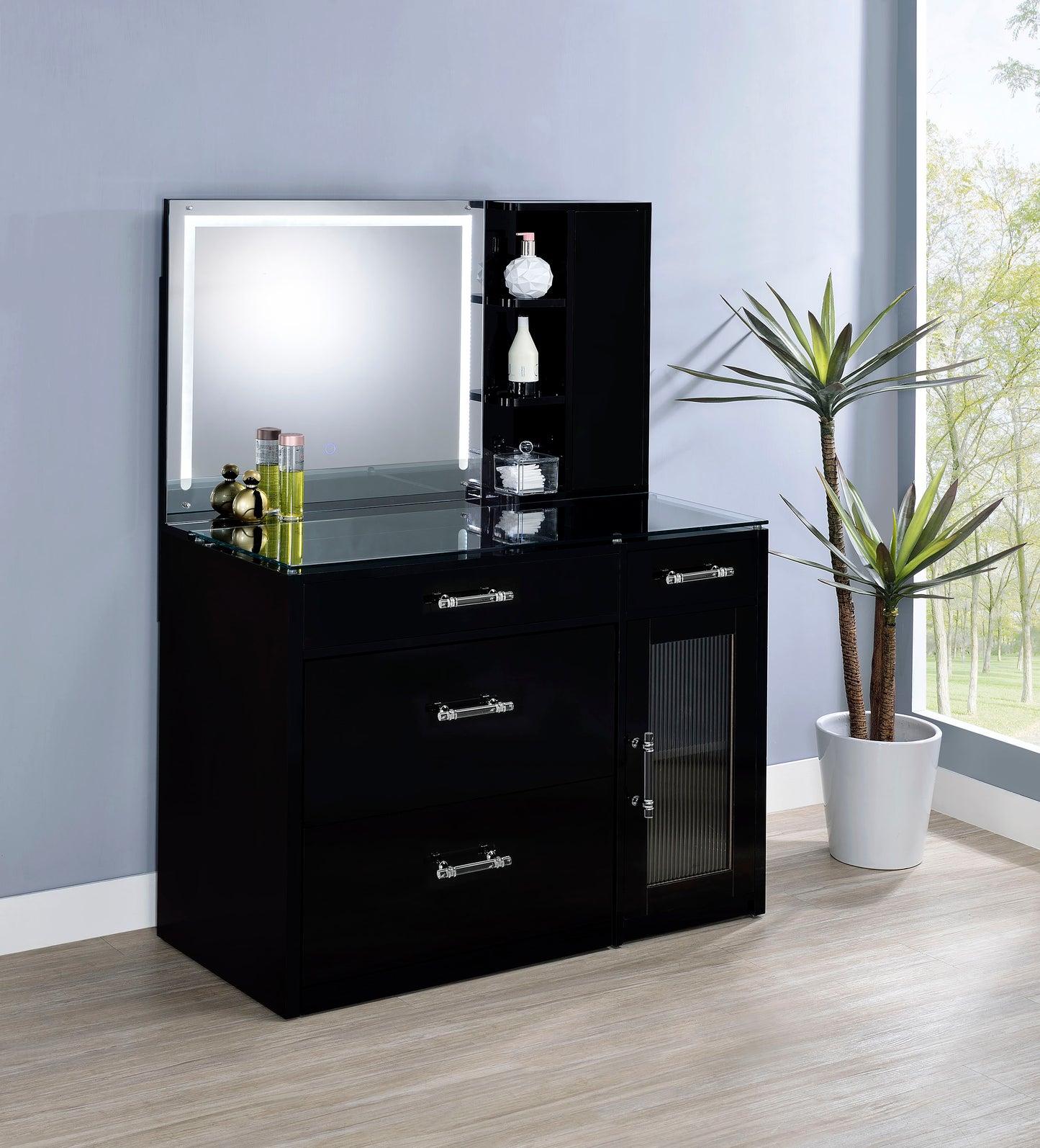 Flora 2-drawer Vanity Table Set LED Mirror and Stool Black High Gloss