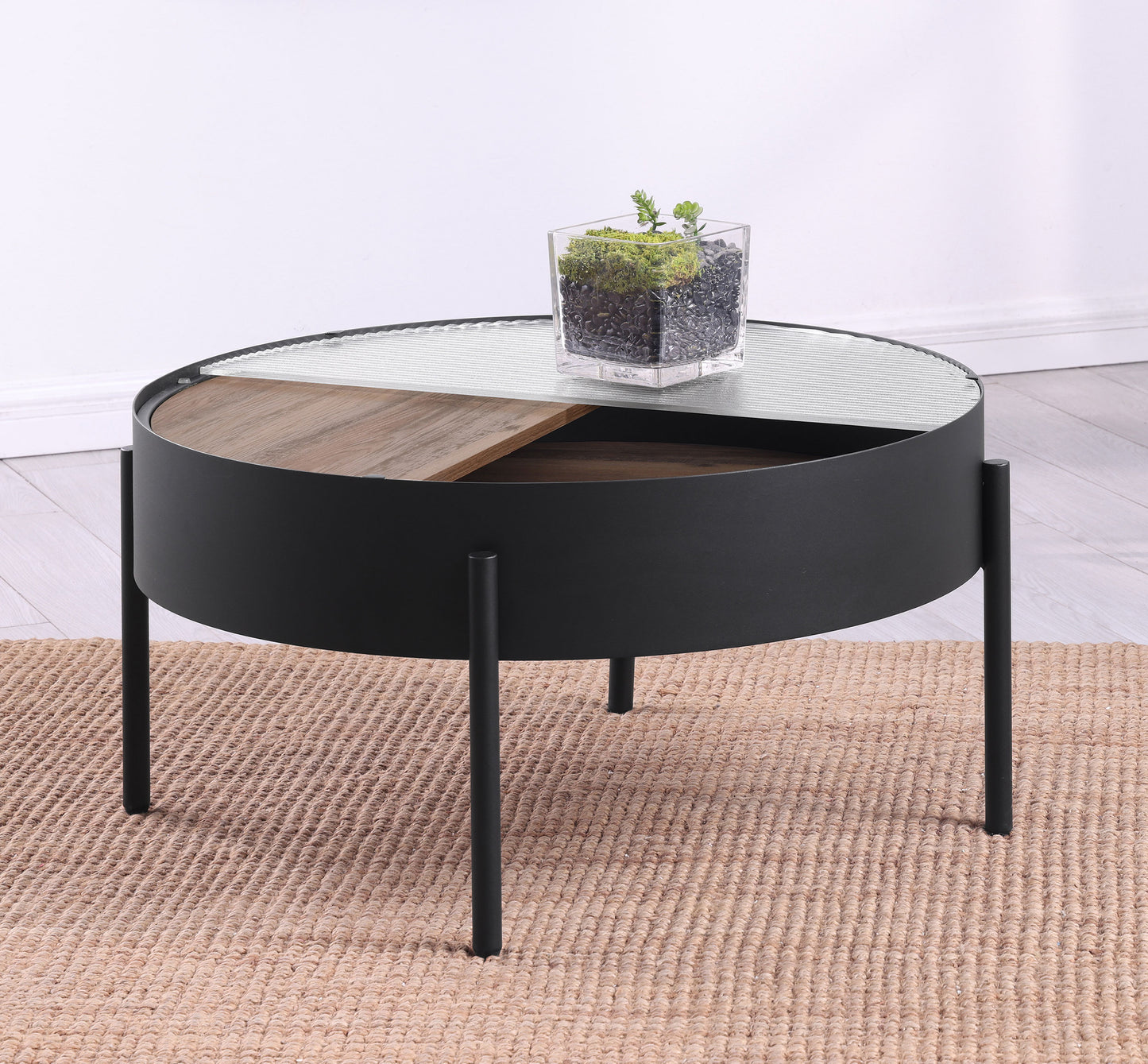 Ozella Round Coffee Table with Hidden Storage Sandy Black