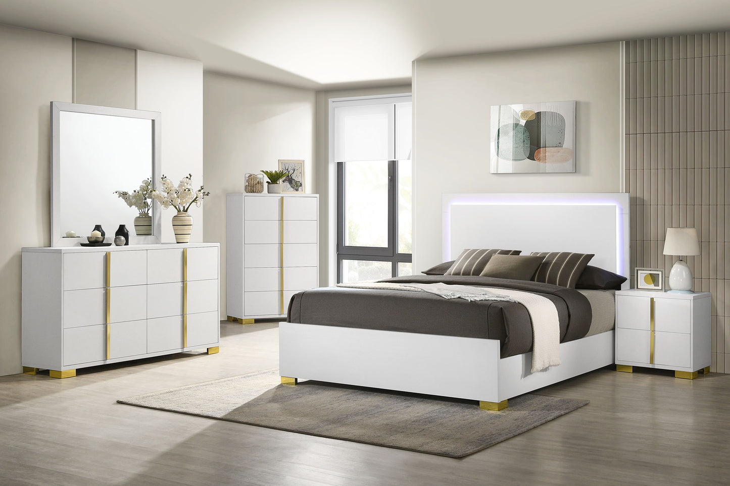 Marceline Wood Eastern King LED Panel Bed White